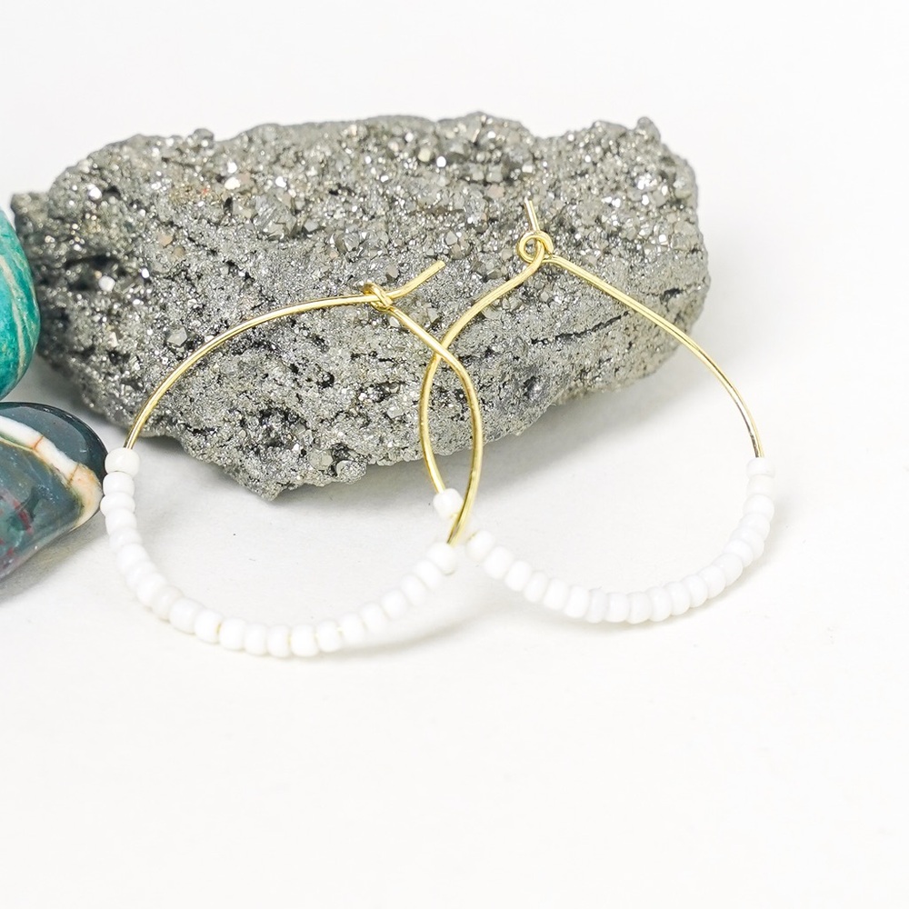 Seed Bead Hoop Earrings Handmade White Brass Gold